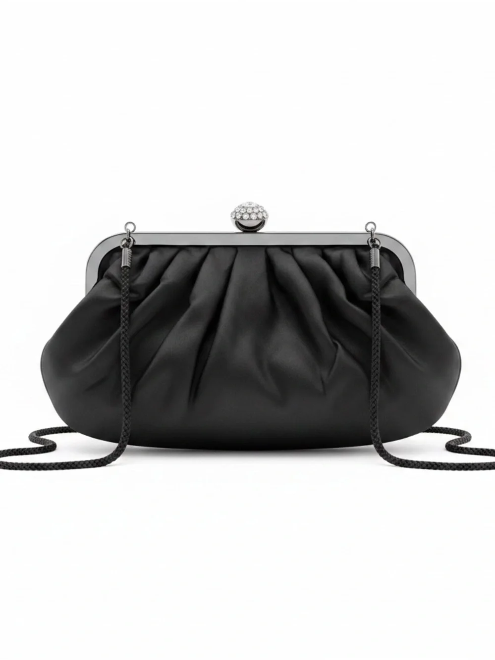 Sasha Black Satin Ruched Evening Clutch with Detachable Chain